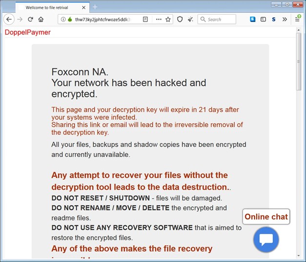 Страница на жертвата на Foxconn на уебсайта на DoppelPaymer
